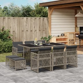 11 pcs conjunto jantar p/ jardim c/ almofadões vime PE cinzento