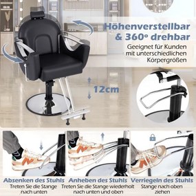 Cadeira de cabeleireiro ajustável em altura com apoio para a cabeça e bomba hidráulica, cadeira de salão giratória 360° preta