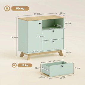 Aparador de sala 80 (L) x 35 (P) x 76,3 (A) cm, móvel de arrumação com porta, 2 gavetas, compartimento aberto e prateleira ajustável, verde claro e co