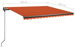 Toldo retrátil manual c/ luzes LED 400x350cm laranja e castanho