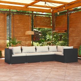 5 pcs conjunto lounge de jardim c/ almofadões vime PE preto