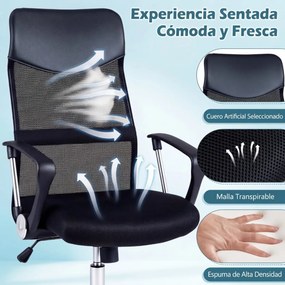 Cadeira de escritório ergonómica com rodas, altura 112-122 cm, braços, encosto em malha e couro PVC, reclinação, capacidade de 150 kg, preta