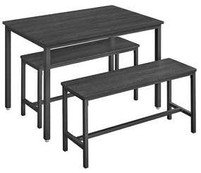 Mesa de Jantar VASAGLE com 2 Bancos, Conjunto de 3, Mesa de Cozinha 70 x 110 x 75 cm, 2 Bancos 30 x 97 x 50 cm cada, Estrutura de Aço, Cinza Escuro, Tinta Preta KDT070B21