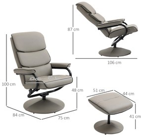 HOMCOM Poltrona Relax com Banco para Apoiar os Pés Poltrona Relax Giratória Reclinável em até 135° Estofada em PU 75x84x100cm Cinza