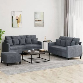 3 pcs conjunto de sofás com almofadões veludo cinzento-escuro