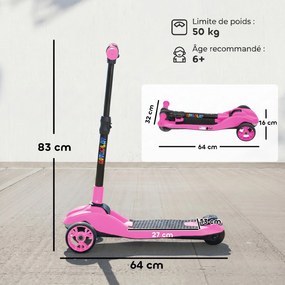 Trotinete Elétrica para Crianças de 3 Rodas, 64 x 29 x 83 cm, Dobrável, Cor-de-rosa