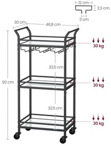 Carrinho de cozinha ou bar com 3 prateleiras de vidro espelhado 30 x 46,8 x 92 cm preto