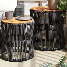 Mesas de apoio p/ jardim c/ tampo de madeira 2pcs vime PE preto