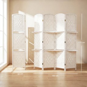 Biombo divisório de 4 painéis, 160 x 170 cm, com 2 prateleiras, dobrável, em madeira branco