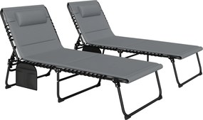 Outsunny Conjunto de 2 espreguiçadeiras dobráveis Espreguiçadeira de jardim com almofada Encosto regulável em 5 posições Bolso lateral Cinza escuro | Aosom Portugal