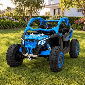 Carro elétrico para Crianças 2 Lugares 24V CAM-AM Buggy Maverick Turbo RR STRONG Motor 320 W, Rodas AR bombeado, assento couro ecológico Azul
