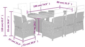 9 pcs conjunto de jantar p/ jardim c/ almofadões vime PE preto