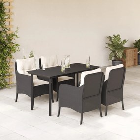 5 pcs conjunto de jantar p/ jardim c/ almofadões vime PE preto