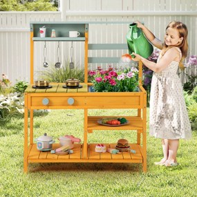 Cozinha de brincar em madeira com puxadores de fogão e lava-loiça exterior para crianças com mais de 3 anos Amarela