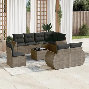 vidaXL 9 pcs conjunto sofás p/ jardim com almofadões vime PE cinzento