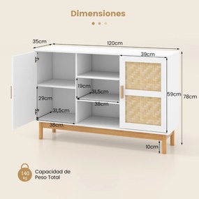 Aparador buffet 120 cm Armário de arrumação com 2 portas em tecido de bambu 3 Estantes abertas para cozinha Sala de jantar Branco