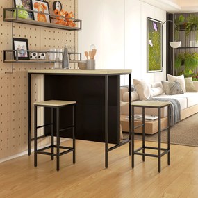 Conjunto de mesa de bar e 2 bancos de estilo industrial com prateleira de arrumação, apoio para os pés, em metal preto e com aspeto de madeira
