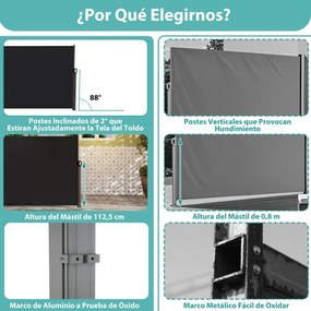 Toldo lateral retrátil para jardim 300 x 160 cm de privacidade para exterior enrolável e dobrável Preto