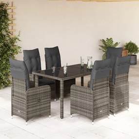 7 pcs conjunto bistrô de jardim c/ almofadões vime PE cinza