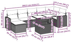 8 pcs conj. sofás jardim c/ almofadões vime PE cinzento-claro