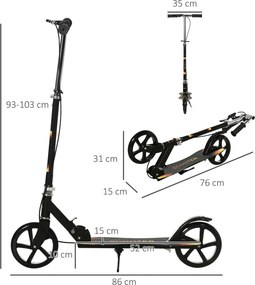 Trotinete dobrável para criança com guiador ajustável em altura e travão duplo 86 x 35 x 93-103 cm preto