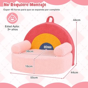 Sofá infantil com enchimento de espuma, capa de felpa removível e lavável, base antiderrapante, alça de transporte e encosto com padrão arco-íris – a