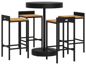 5 pcs conjunto de bar p/ jardim vime PE/acácia maciça preto