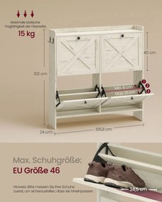 Sapateira com 4 portas para 24 pares de sapatos, 105,5 x 24 x 101,7 cm, branco rústico