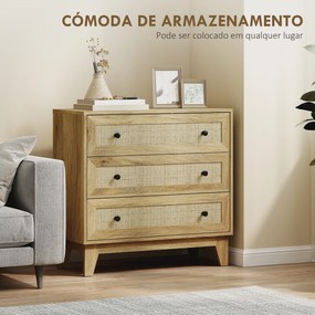 Cómoda com 3 Gavetas Cómoda de Madeira com Gavetas de Vime e Pés Elevados 80x35x76 cm Madeira