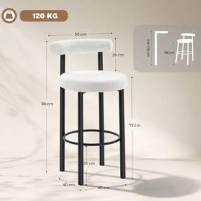 Conjunto de 2 bancos de bar, em tecido felpudo, com encosto curvo e apoio para os pés, 50 x 52,5 x 98 cm, branco Creme