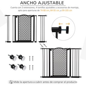PawHut Barreira de Segurança para Cães Animais de Estimação para Portas Escadas Corredores 74-105cm com 2 Extensões de 10/15cm com Porta e Fechadura Automática Aço Preto