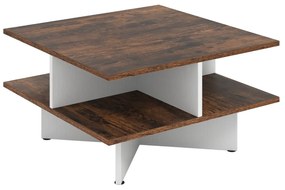 Mesa de centro quadrada 60 x 60 x 32,5 cm de 2 níveis com 4 compartimentos de armazenamento Base em forma de cruz Castanho rústico