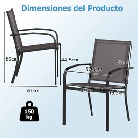 Conjunto de 2 cadeiras empilháveis para exterior com encosto alto, assento largo e braços para exterior 61 x 57,5 x 89 cm cinzento