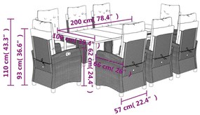 9 pcs conjunto jantar p/ jardim c/ almofadões vime PE castanho