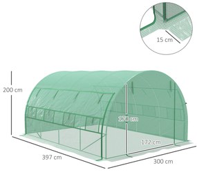 Estufa de Túnel de Jardim 397x300x200 cm com Porta Lateriais e Janelas Enroláveis Cobertura de PE 140g/m² e Metal Galvanizado Verde