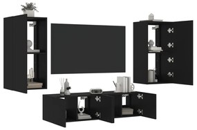 vidaXL 4 pcs móveis de parede p/ TV c/ LEDs derivados de madeira preto