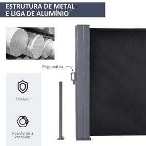 Toldo Lateral Retrátil 600x160cm Toldo de Privacidade Extensível com Ângulo Ajustável e Proteção UV+50 para Jardim Balção Terraço Cinza