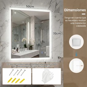 Espelho LED para casa de banho 70 x 50 cm retangular de parede com função antiembaciamento, memória, 3 cores de luz e controlo tátil Prata