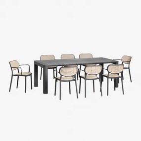 Conjunto De Mesa Retangular 220x100 Cm Arnadine E 8 Cadeiras De Jardim Empilháveis Com Apoios De Braços Em Polipropileno Omara Cinza Grafito - Sklum