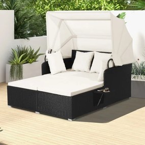 Cama Jardim dupla com almofadas em rattan com Dois painéis laterais rebatíveis para jardim Pátio Alpendre Branco e Preta
