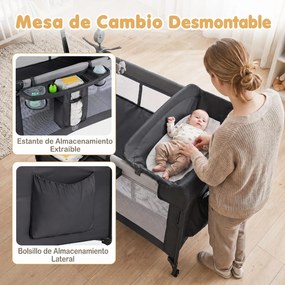 Berço de Viagem Dobrável 5 em 1, 110 x 76 x 77 cm, Altura Regulável em 4 Níveis, Preto