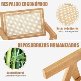 Conjunto de 4 cadeiras de jantar em rattan com estrutura de bambu, costas em imitação de cana e apoios de braços para cozinha 50 x 52 x 81 cm Natural