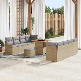 vidaXL Conjunto de Sofá de Jardim com 11 Peças e Almofadas Bege Poli Rattan Acácia