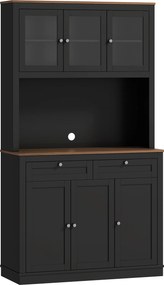 Armário de Cozinha com 3 Portas de Vidro Compartimento Aberto 2 Gavetas e Prateleiras Ajustáveis 100x40x180 cm Preto