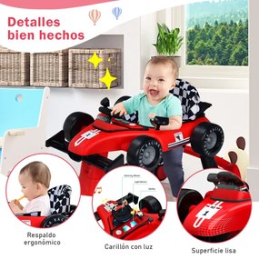 Andador 4 em 1 para crianças, dobrável, atividade de empurrar, com altura ajustável e carrilhão de velocidade com luzes, volante Vermelho