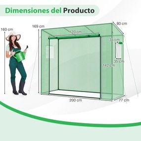 Mini estufa portátil com cobertura PE Estrutura metálica Porta de enrolar com fecho de correr Ecrã de camada dupla 200 x 77 x 169 cm verde