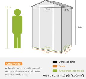 Abrigo de Jardim 1,09 m² 128x104x196 cm com Base Porta com Fechadura Janela e Ventilação, Cinzento Escuro