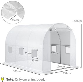 Cobertura de Estufa de Túnel (ESTRUTURA NÃO INCLUIDA) 3x3x2m Cobertura de Substituição de Estufa Polietileno com 6 Janelas e Portas Enroláveis Branco