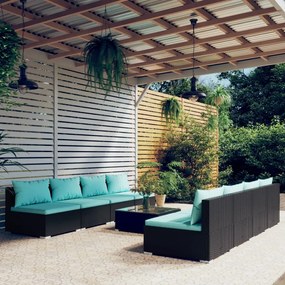vidaXL 9 pcs conjunto lounge de jardim c/ almofadões vime PE preto