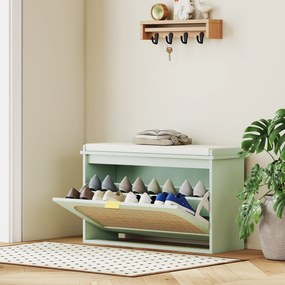 Sapateira 80 x 26 x 47,5 cm, banco com arrumação, assento almofadado, gaveta rebatível, porta em rattan, verde